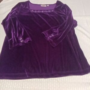 Quacker Factory Rich Purple Velvet Blouse Rhinestone Embellishment